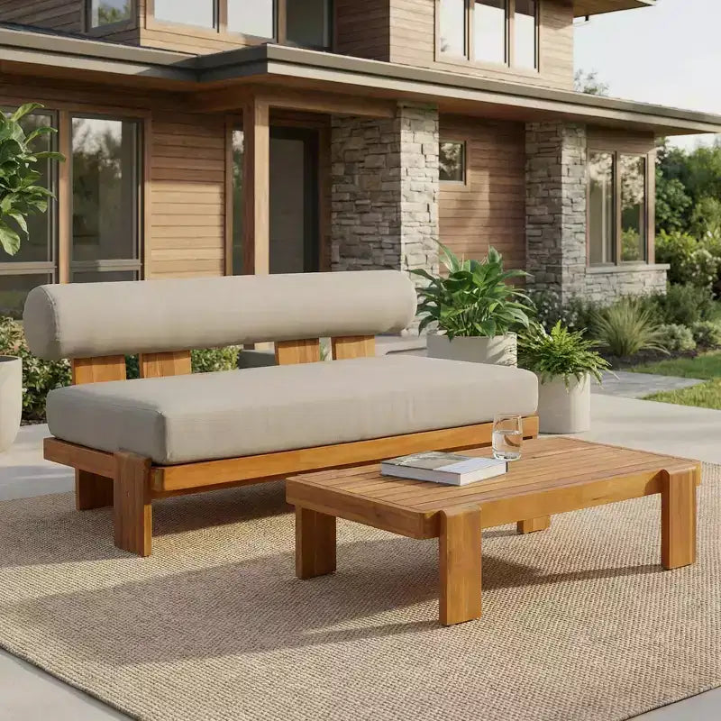 Christopher Knight Home Ishaan modernes 2-teiliges Set aus gepolstertem Akazienholz-Zweisitzer und Couchtisch mit Lattenrost für die Terrasse