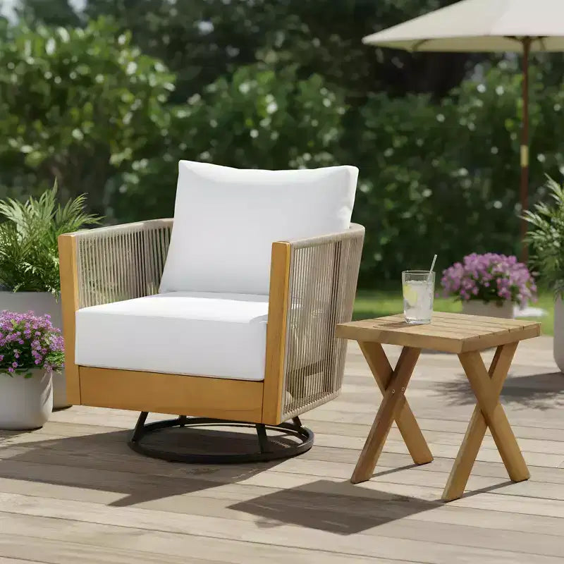Sillón giratorio moderno de cuerda y madera de acacia para patio Christopher Knight Home Stellan, con mesa auxiliar de listones
