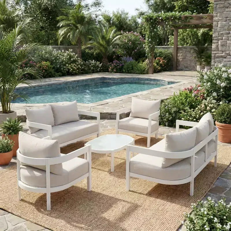 Conjunto de conversación moderno de exterior de 5 piezas Althea de Christopher Knight Home, con aluminio curvado y mesa de centro de vidrio