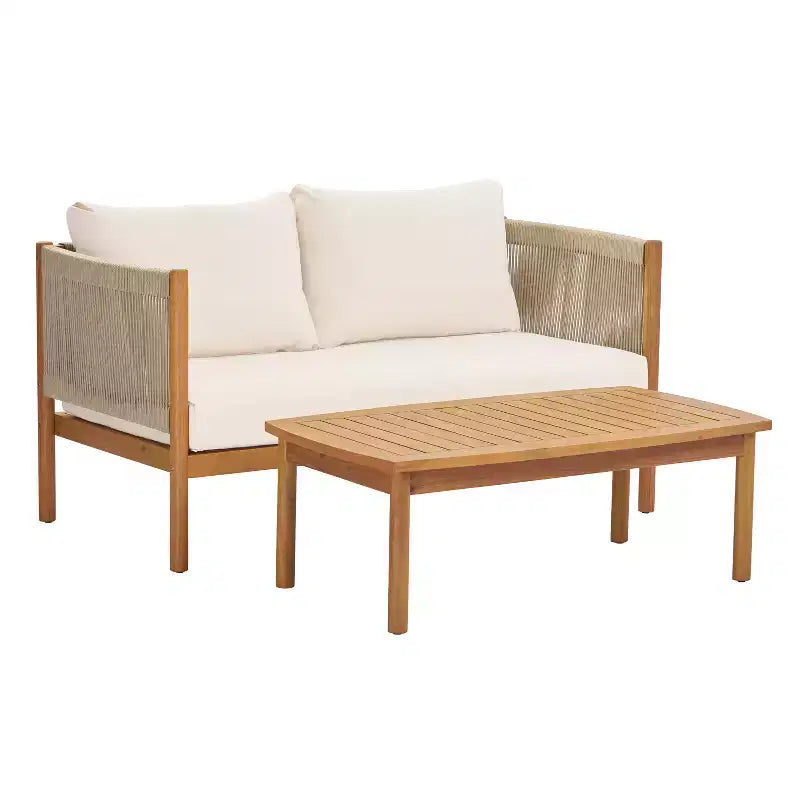 Conjunto moderno para patio Bradley de Christopher Knight Home de 2 piezas, con sofá de dos plazas y mesa de centro de madera de acacia, paneles de cuerda tejida y cojines