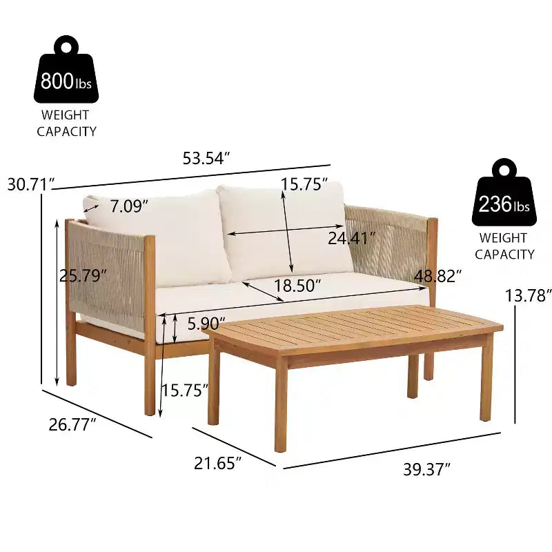Conjunto moderno para patio Bradley de Christopher Knight Home de 2 piezas, con sofá de dos plazas y mesa de centro de madera de acacia, paneles de cuerda tejida y cojines