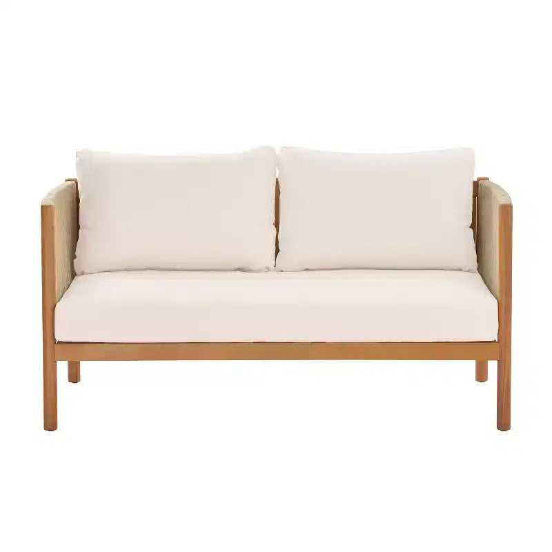 Conjunto moderno para patio Bradley de Christopher Knight Home de 2 piezas, con sofá de dos plazas y mesa de centro de madera de acacia, paneles de cuerda tejida y cojines