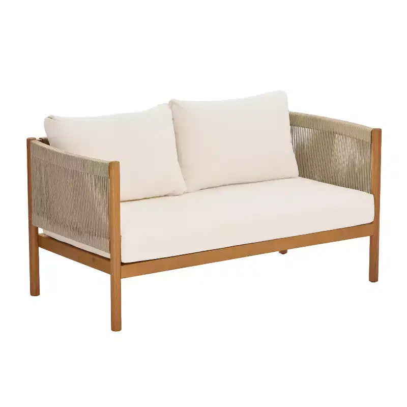 Conjunto moderno para patio Bradley de Christopher Knight Home de 2 piezas, con sofá de dos plazas y mesa de centro de madera de acacia, paneles de cuerda tejida y cojines