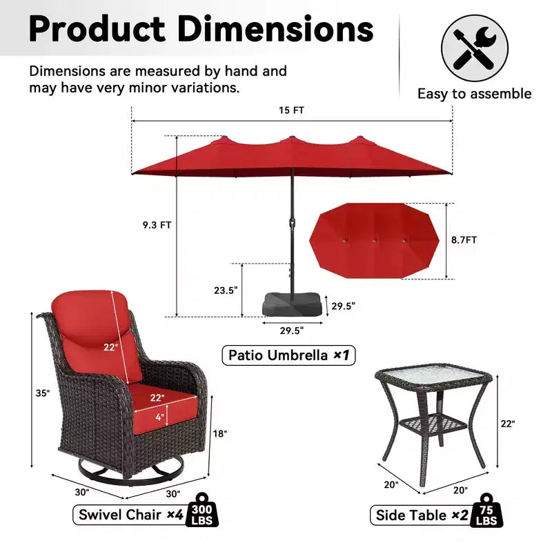 Ensemble de chaises pivotantes d’extérieur UPTIOT avec tables d’appoint et parasol de terrasse amélioré de 15 pieds