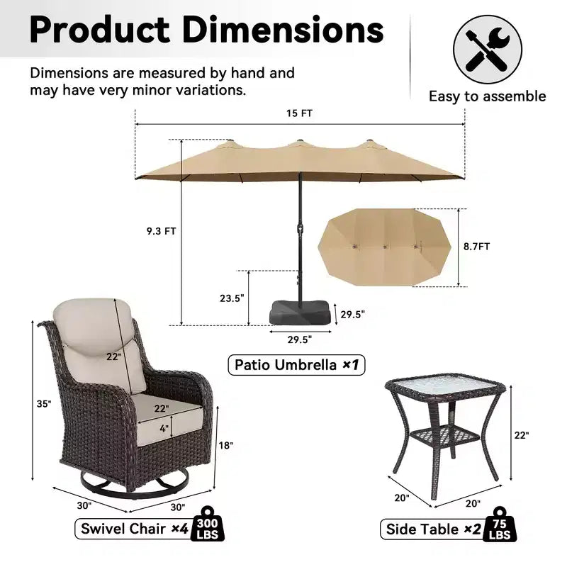 Ensemble de chaises pivotantes d’extérieur UPTIOT avec tables d’appoint et parasol de terrasse amélioré de 15 pieds