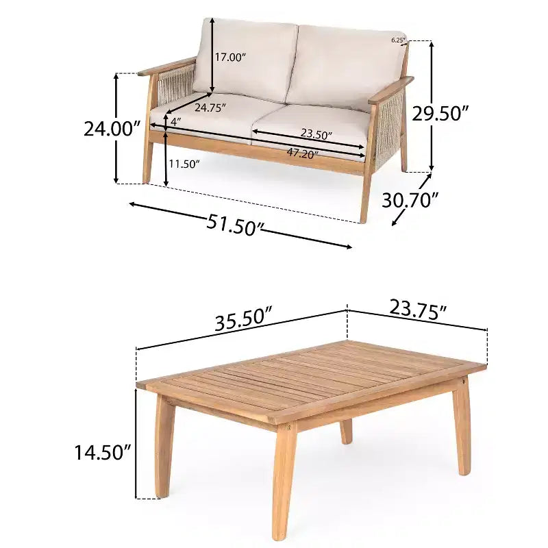 Juego de conversación de patio de 2/4 piezas, conjunto de muebles exteriores de madera de acacia con sofá biplaza, mesa y silla para jardín/balcón/patio trasero - ModernLuxe