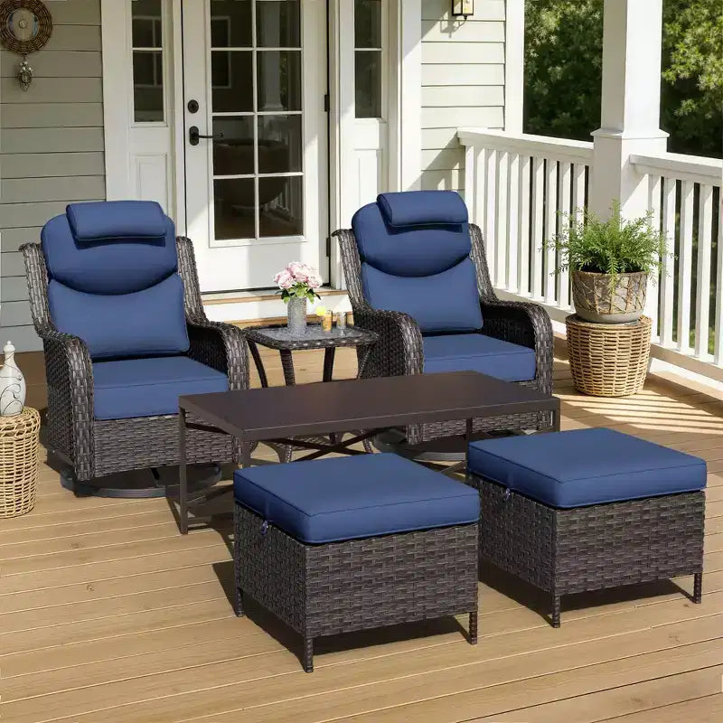 UPTIOT Outdoor Swivel Rocking Chairs Set with Convertible Ottomans and Coffee Table for Patio Comfort