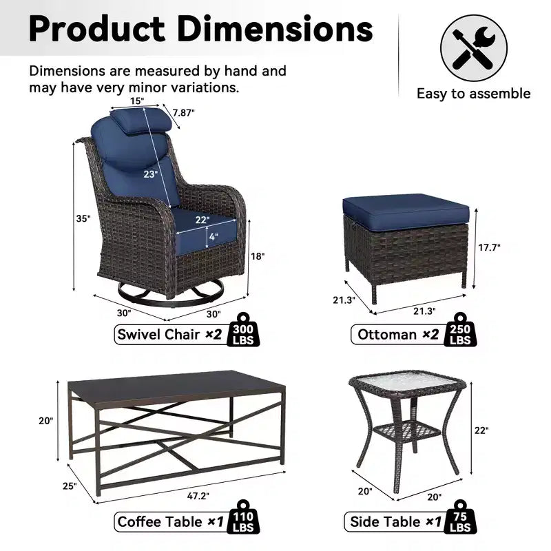 UPTIOT Outdoor Swivel Rocking Chairs Set with Convertible Ottomans and Coffee Table for Patio Comfort