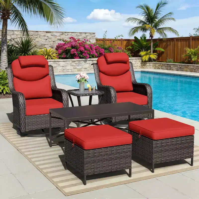 UPTIOT Outdoor Swivel Rocking Chairs Set with Convertible Ottomans and Coffee Table for Patio Comfort
