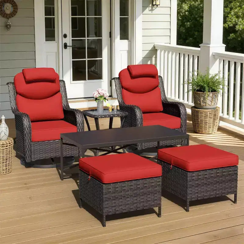 UPTIOT Outdoor Swivel Rocking Chairs Set with Convertible Ottomans and Coffee Table for Patio Comfort