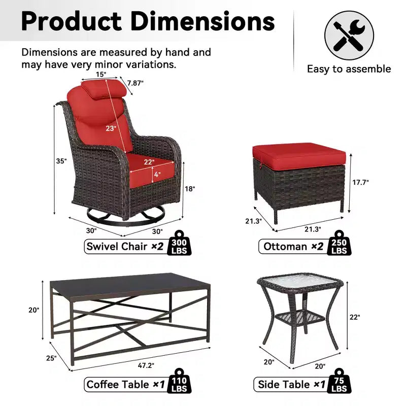 UPTIOT Outdoor Swivel Rocking Chairs Set with Convertible Ottomans and Coffee Table for Patio Comfort