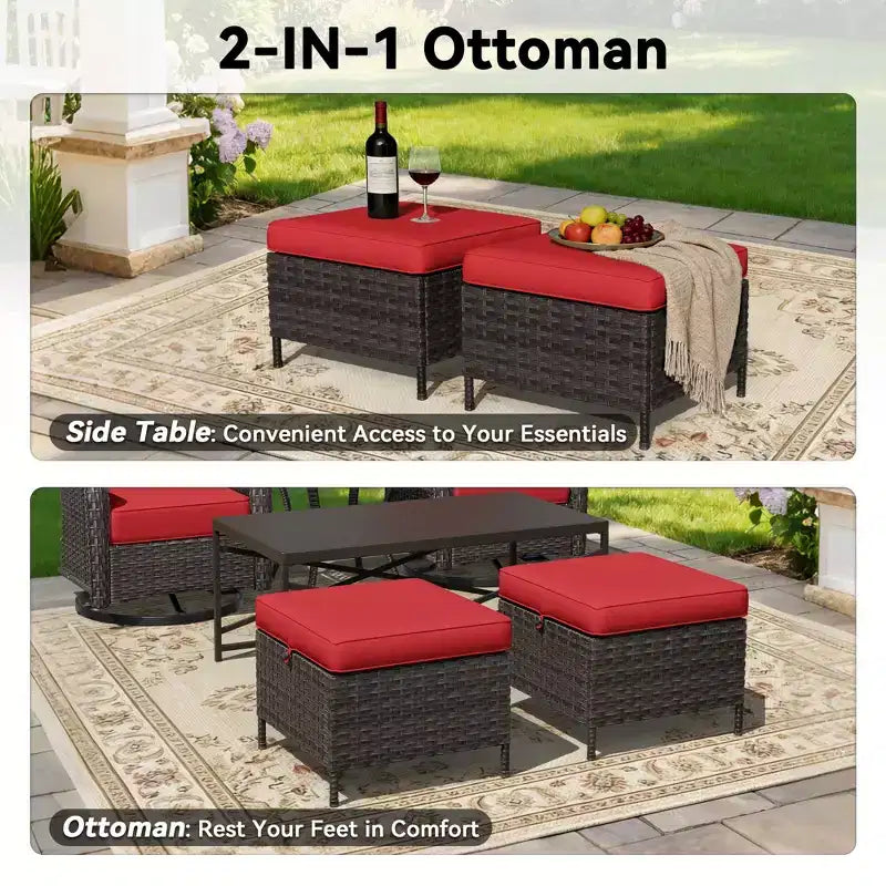 UPTIOT Outdoor Swivel Rocking Chairs Set with Convertible Ottomans and Coffee Table for Patio Comfort