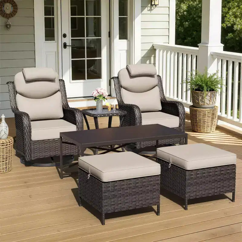 UPTIOT Outdoor Swivel Rocking Chairs Set with Convertible Ottomans and Coffee Table for Patio Comfort
