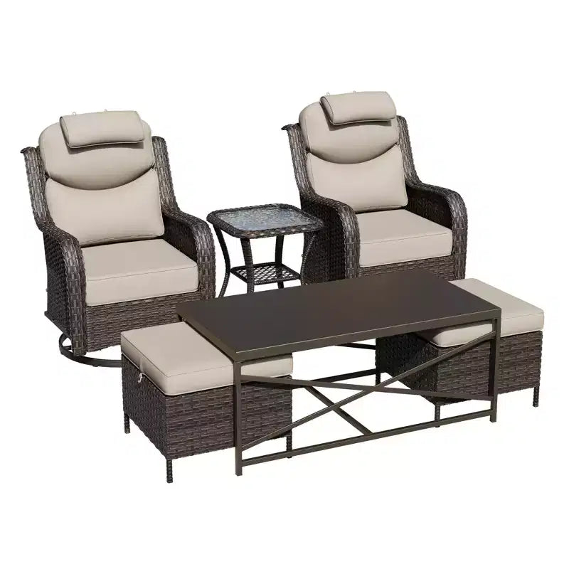 UPTIOT Outdoor Swivel Rocking Chairs Set with Convertible Ottomans and Coffee Table for Patio Comfort