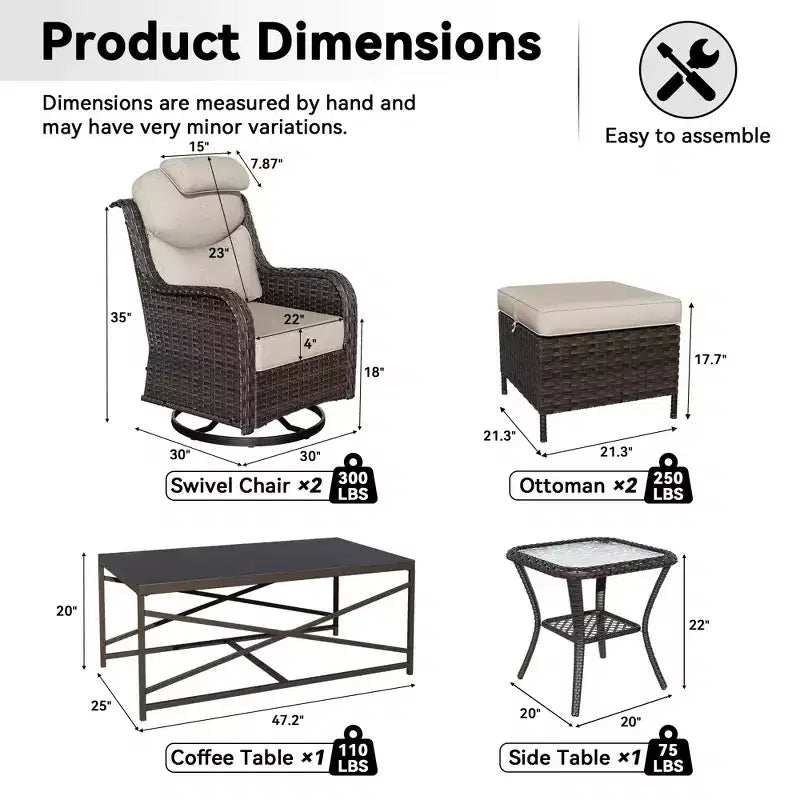 UPTIOT Outdoor Swivel Rocking Chairs Set with Convertible Ottomans and Coffee Table for Patio Comfort