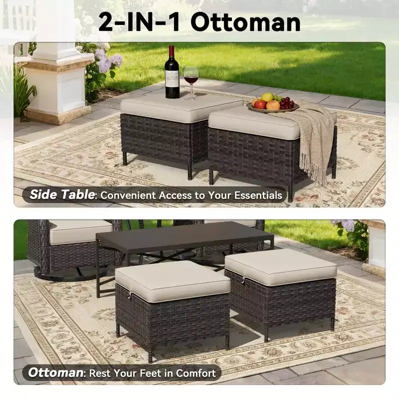 UPTIOT Outdoor Swivel Rocking Chairs Set with Convertible Ottomans and Coffee Table for Patio Comfort