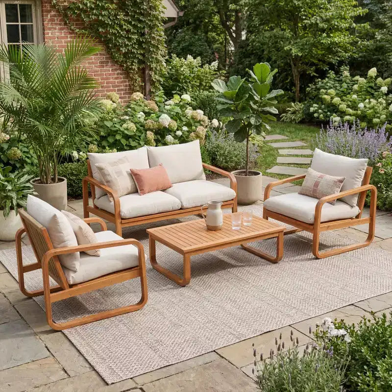 Ensemble de sièges de patio moderne Christopher Knight Home Thao de 4 pièces en bois d’acacia avec coussins et table à lattes