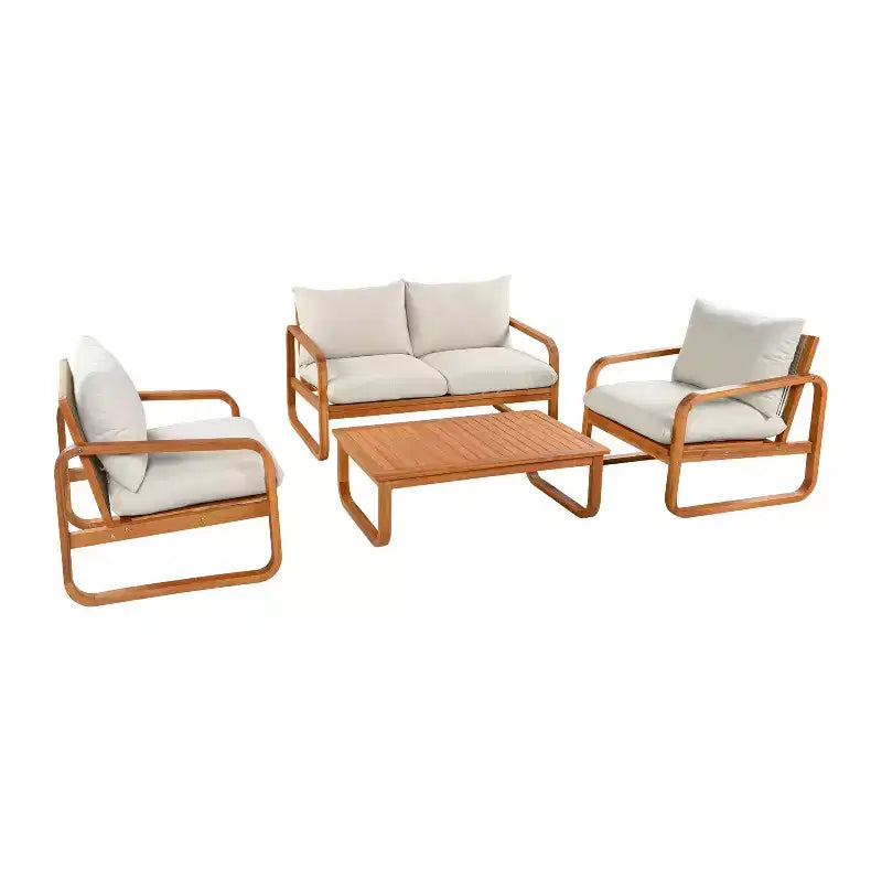 Ensemble de sièges de patio moderne Christopher Knight Home Thao de 4 pièces en bois d’acacia avec coussins et table à lattes