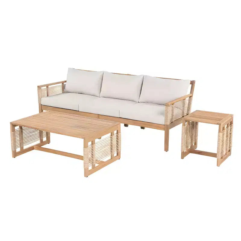 Conjunto de sofá de conversación para exterior ModernLuxe, conjunto de muebles de patio de madera de acacia, sofá de 3 plazas y sillones club con 2 mesas de centro, teca
