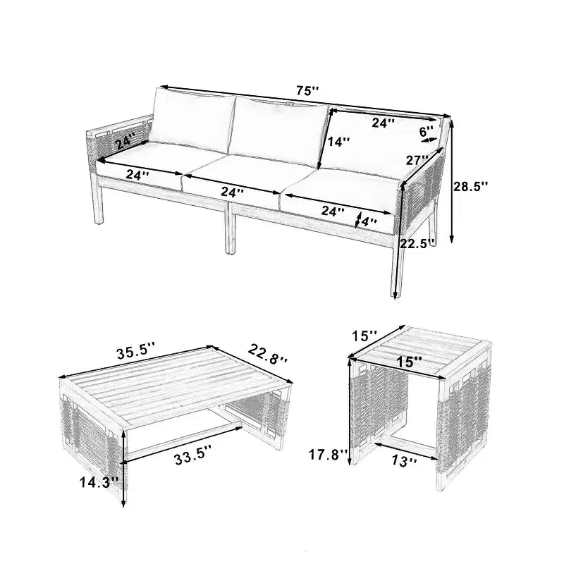 Conjunto de sofá de conversación para exterior ModernLuxe, conjunto de muebles de patio de madera de acacia, sofá de 3 plazas y sillones club con 2 mesas de centro, teca