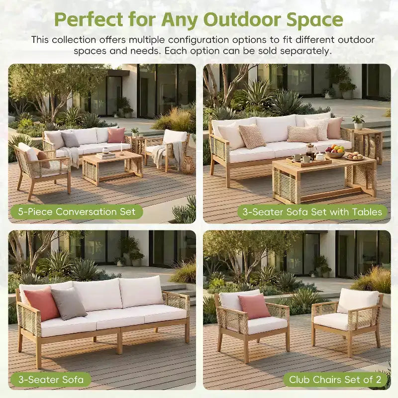 Conjunto de sofá de conversación para exterior ModernLuxe, conjunto de muebles de patio de madera de acacia, sofá de 3 plazas y sillones club con 2 mesas de centro, teca