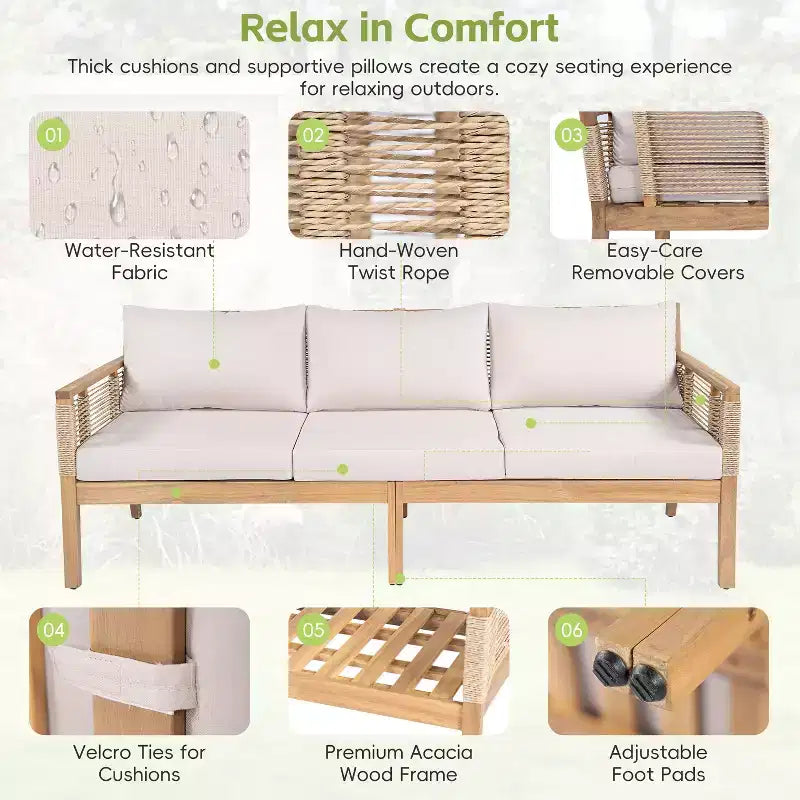 Conjunto de sofá de conversación para exterior ModernLuxe, conjunto de muebles de patio de madera de acacia, sofá de 3 plazas y sillones club con 2 mesas de centro, teca