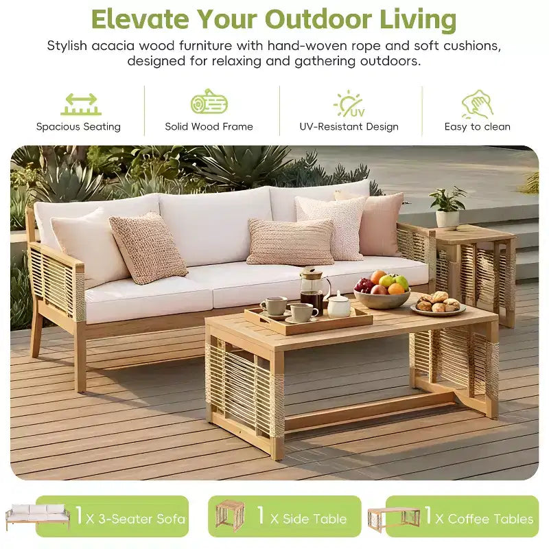 Conjunto de sofá de conversación para exterior ModernLuxe, conjunto de muebles de patio de madera de acacia, sofá de 3 plazas y sillones club con 2 mesas de centro, teca
