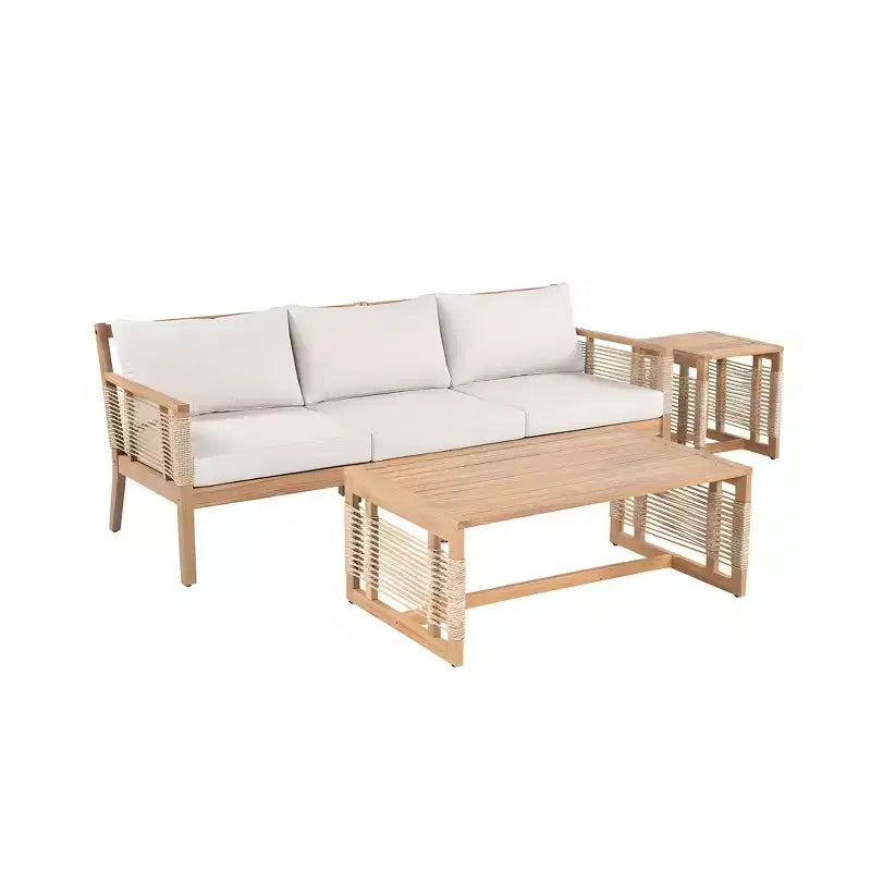 Conjunto de sofá de conversación para exterior ModernLuxe, conjunto de muebles de patio de madera de acacia, sofá de 3 plazas y sillones club con 2 mesas de centro, teca