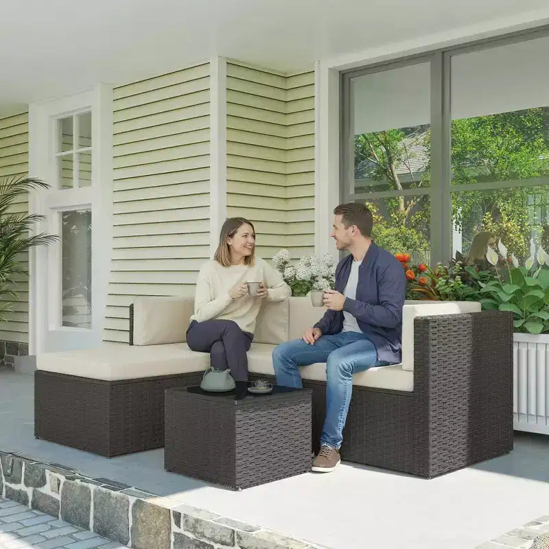 Outsunny conjunto de muebles de patio, conjunto de muebles de conversación para exteriores de mimbre de ratán con cojines y mesa de centro con superficie de vidrio