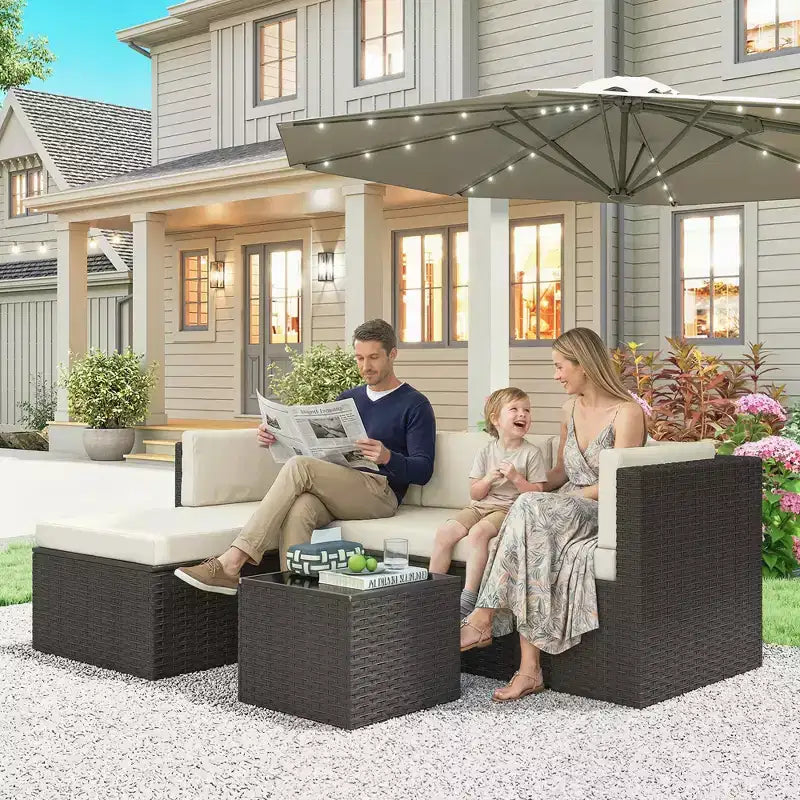 Outsunny conjunto de muebles de patio, conjunto de muebles de conversación para exteriores de mimbre de ratán con cojines y mesa de centro con superficie de vidrio