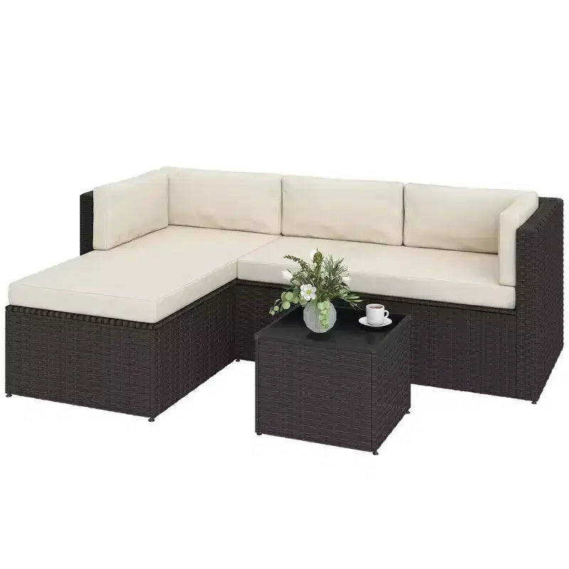 Outsunny conjunto de muebles de patio, conjunto de muebles de conversación para exteriores de mimbre de ratán con cojines y mesa de centro con superficie de vidrio