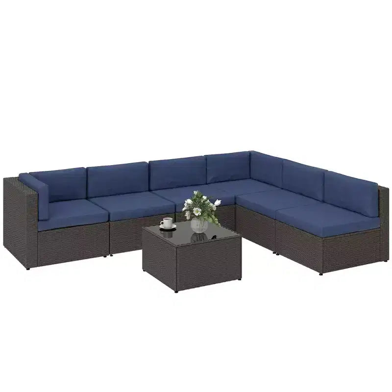 Conjunto de muebles de patio Outsunny de 7 piezas, conjuntos de conversación de muebles de ratán PE para exterior resistentes a cualquier clima con cojines y mesa de centro con tablero de vidrio
