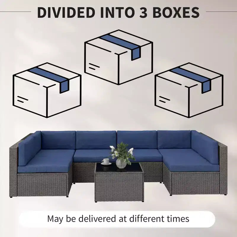 Conjunto de muebles de patio Outsunny de 7 piezas, conjuntos de conversación de muebles de ratán PE para exterior resistentes a cualquier clima con cojines y mesa de centro con tablero de vidrio