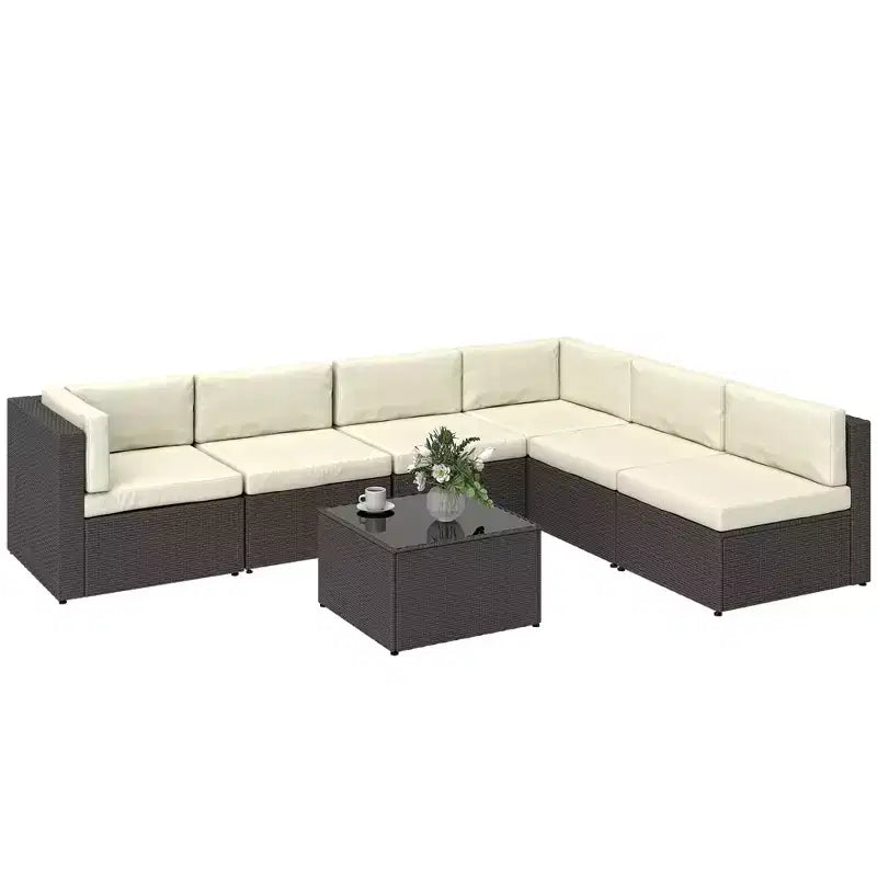 Conjunto de muebles de patio Outsunny de 7 piezas, conjuntos de conversación de muebles de ratán PE para exterior resistentes a cualquier clima con cojines y mesa de centro con tablero de vidrio