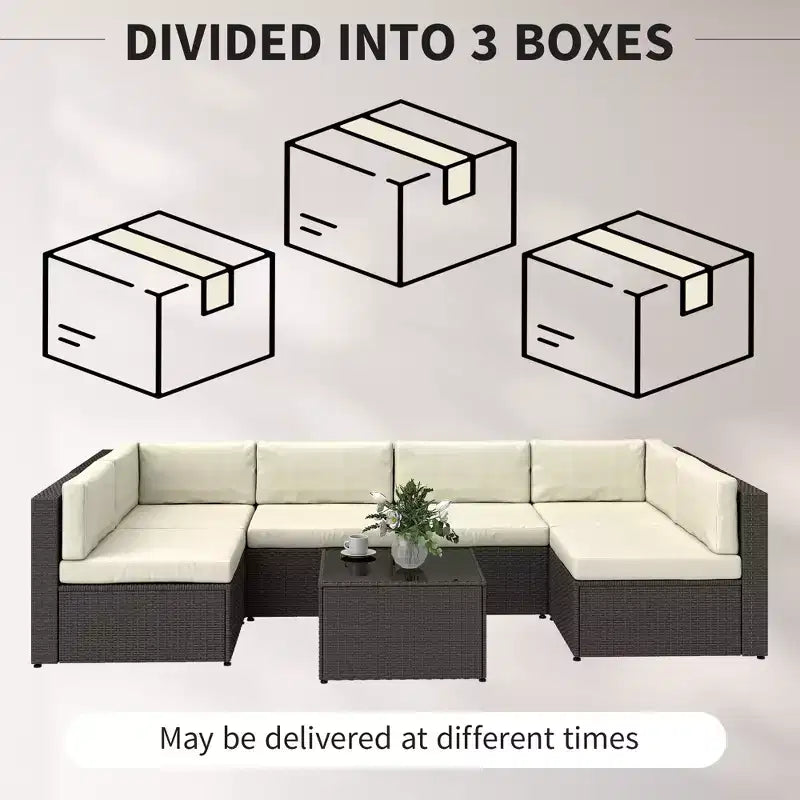 Conjunto de muebles de patio Outsunny de 7 piezas, conjuntos de conversación de muebles de ratán PE para exterior resistentes a cualquier clima con cojines y mesa de centro con tablero de vidrio