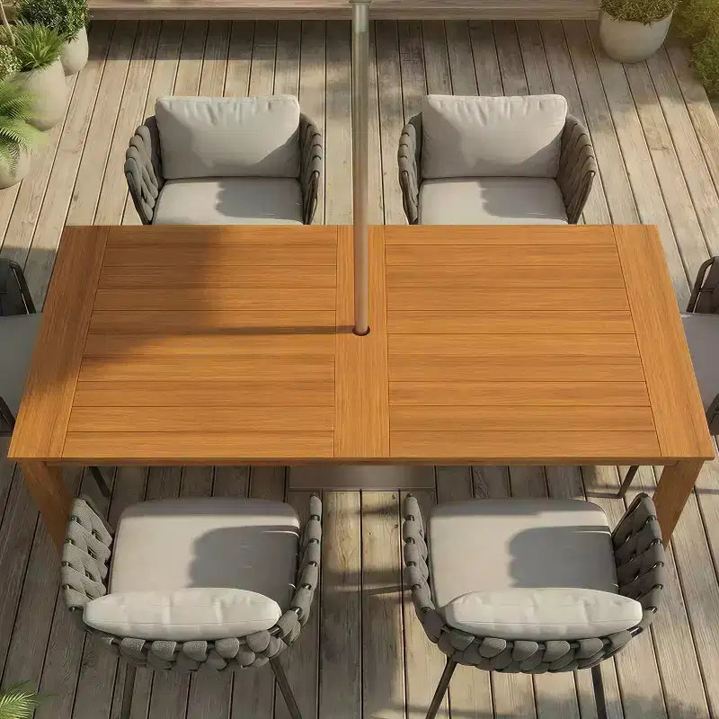 Mesa y sillas de comedor para exterior de HDPE con veta de madera de teca natural Famapy, mesa de patio resistente a la intemperie con orificio para sombrilla, conjunto para patio y jardín