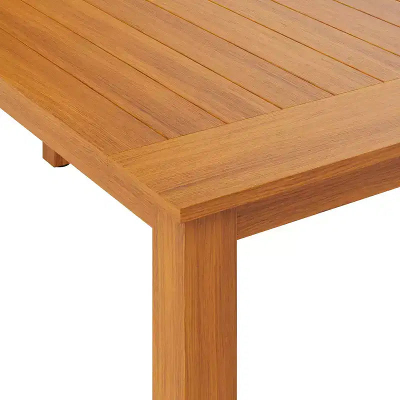 Mesa y sillas de comedor para exterior de HDPE con veta de madera de teca natural Famapy, mesa de patio resistente a la intemperie con orificio para sombrilla, conjunto para patio y jardín