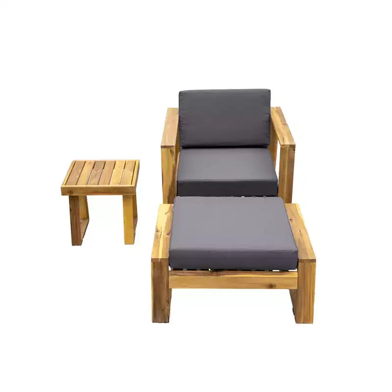 GDFStudio Camille conjunto de silla de descanso y otomana para exteriores de madera de acacia con cojines