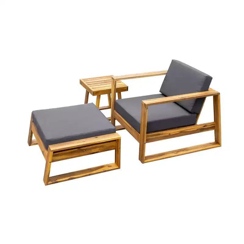 GDFStudio Camille conjunto de silla de descanso y otomana para exteriores de madera de acacia con cojines