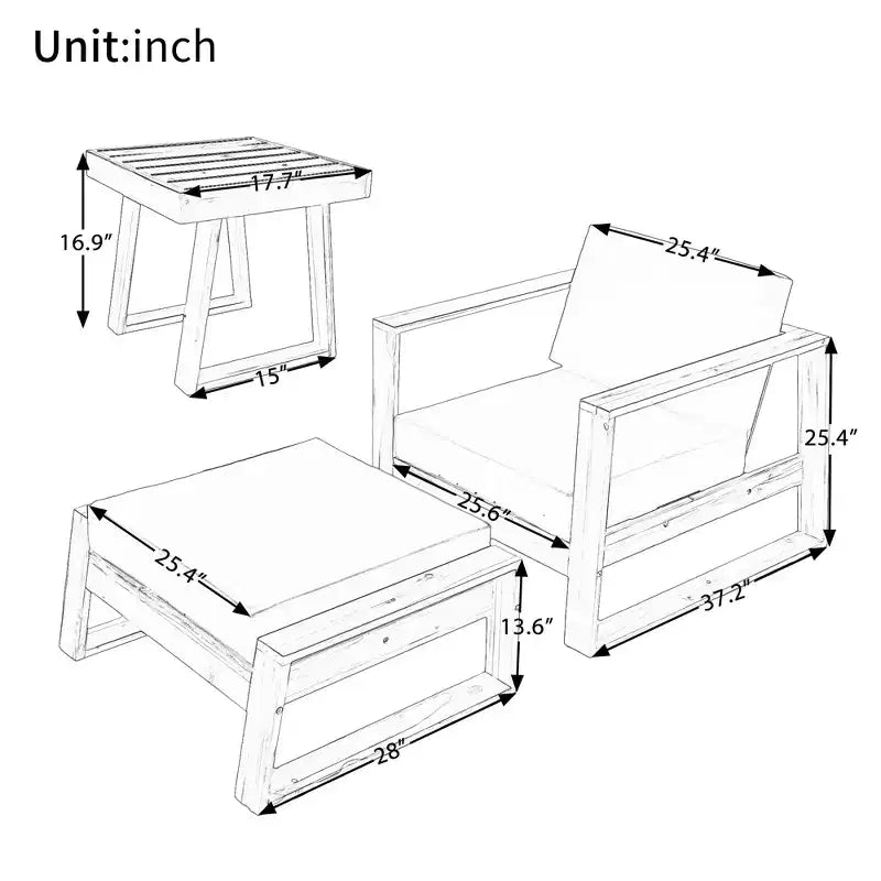 GDFStudio Camille conjunto de silla de descanso y otomana para exteriores de madera de acacia con cojines