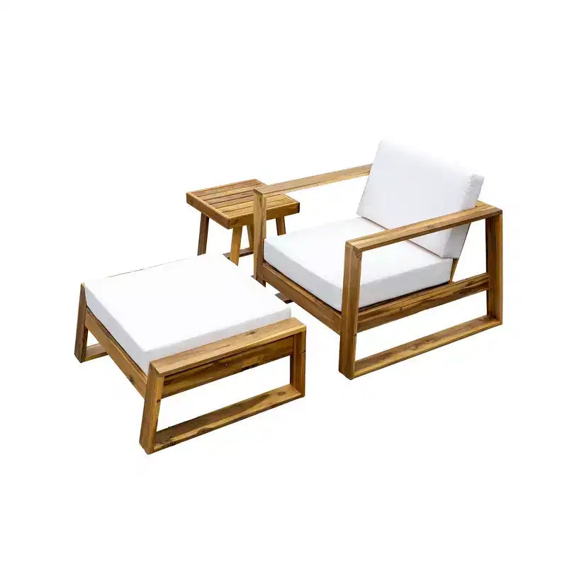 GDFStudio Camille conjunto de silla de descanso y otomana para exteriores de madera de acacia con cojines