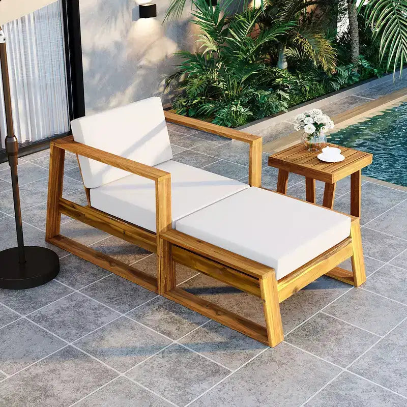GDFStudio Camille conjunto de silla de descanso y otomana para exteriores de madera de acacia con cojines