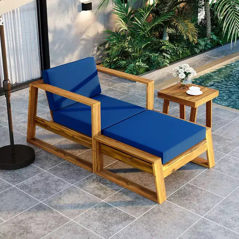 GDFStudio Camille conjunto de silla de descanso y otomana para exteriores de madera de acacia con cojines