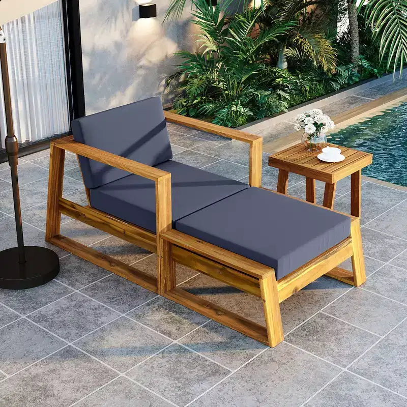 GDFStudio Camille conjunto de silla de descanso y otomana para exteriores de madera de acacia con cojines