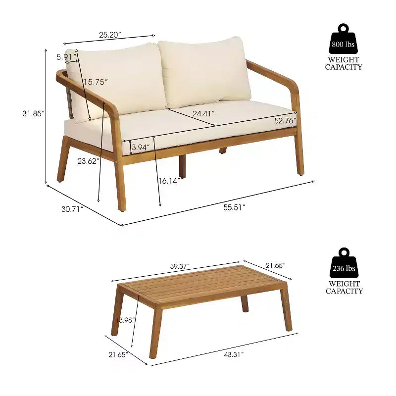 Ensemble Nolan pour terrasse de Christopher Knight Home, composé d’un canapé 2 places et d’une table basse en bois d’acacia et résine tressée, avec coussins