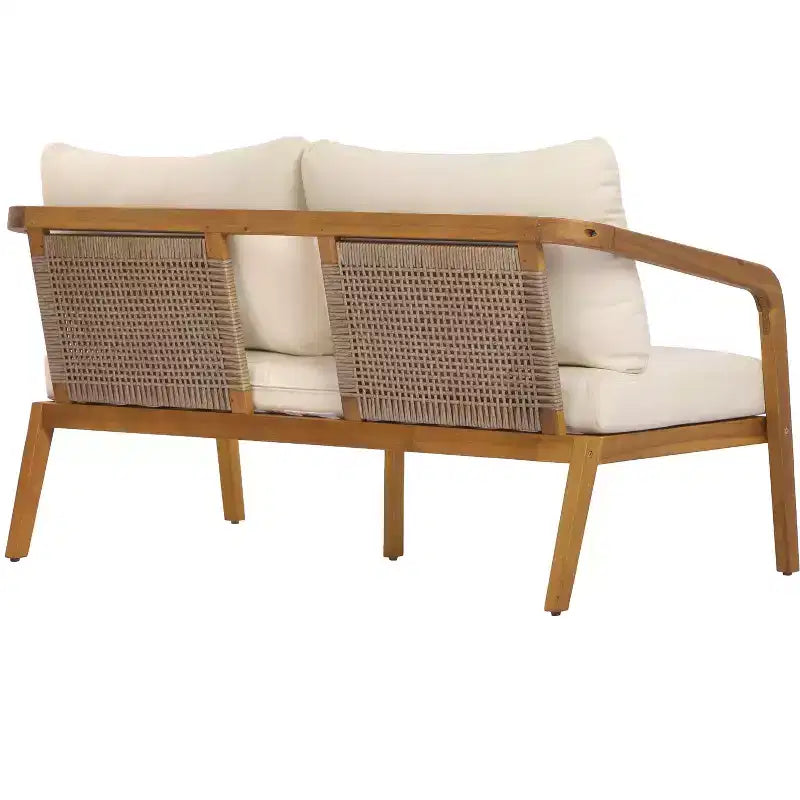 Ensemble Nolan pour terrasse de Christopher Knight Home, composé d’un canapé 2 places et d’une table basse en bois d’acacia et résine tressée, avec coussins