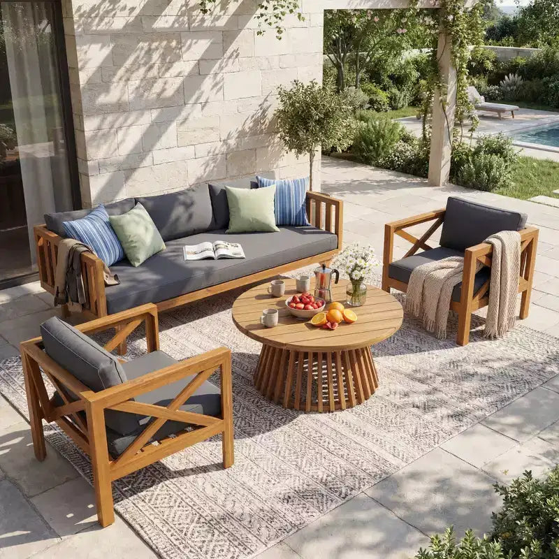 Christopher Knight Home Claremont conjunto moderno de conversación para patio de 4 piezas de madera de acacia con cojines