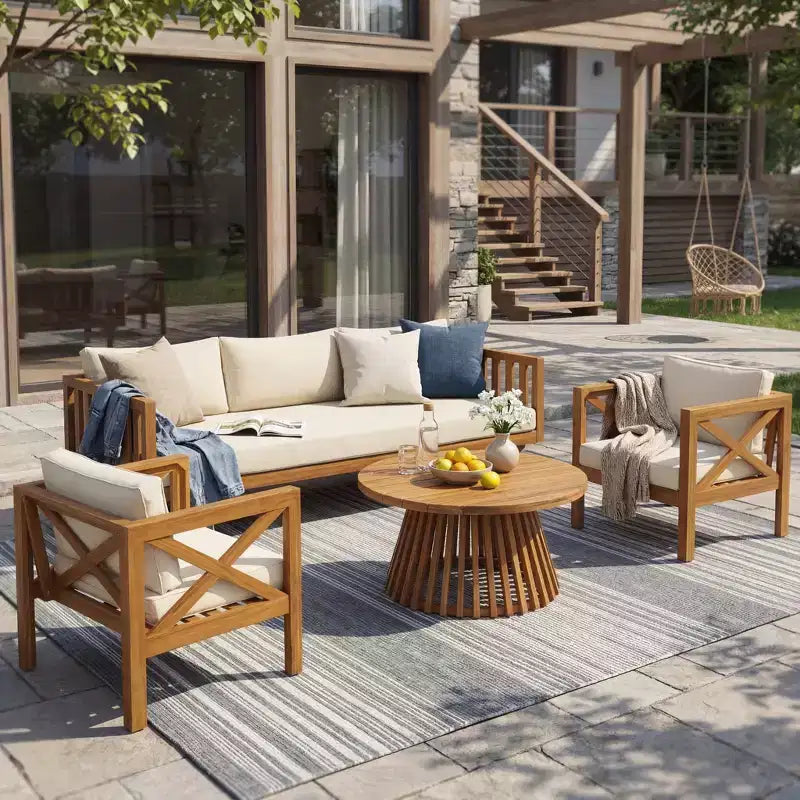Christopher Knight Home Claremont conjunto moderno de conversación para patio de 4 piezas de madera de acacia con cojines