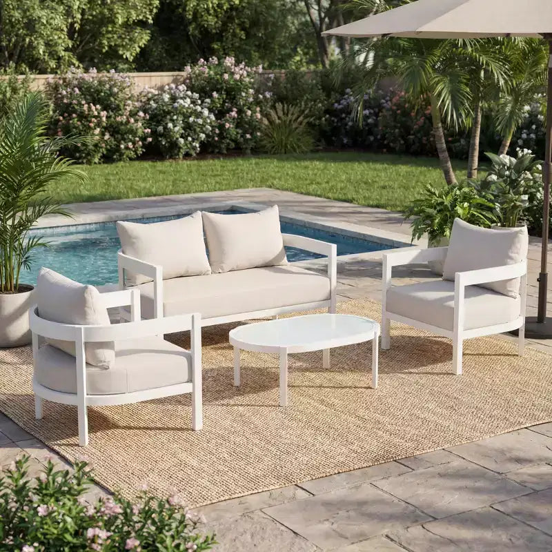 Conjunto de conversación moderno para exterior de aluminio de 4 piezas GDFStudio Estella con mesa de café de vidrio