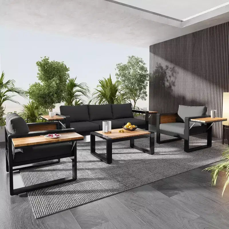 ModernLuxe Ensemble de canapé d'extérieur 4 pièces, ensemble de conversation pour terrasse, ensemble de sièges de jardin pour 5 personnes avec table basse, canapé 3 places et 2 fauteuils avec table d'appoint rabattable
